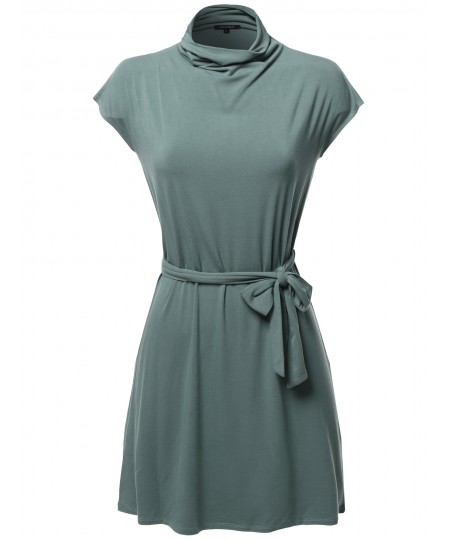 Women's Casual Solid Loosed Mock Neck Cap Sleeves Belted Dress