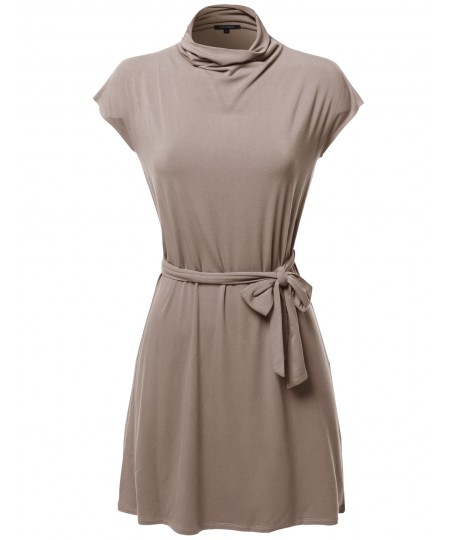 Women's Casual Solid Loosed Mock Neck Cap Sleeves Belted Dress