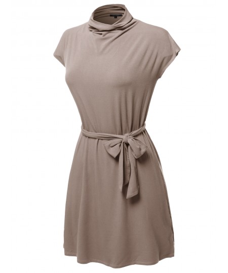 Women's Casual Solid Loosed Mock Neck Cap Sleeves Belted Dress