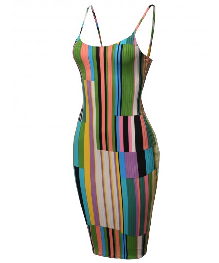 Women's Stripes Patterned Ribbed Body-Con Midi Dress - Made in USA