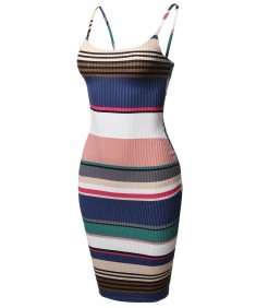 Women's Stripes Patterned Ribbed Body-Con Midi Dress - Made in USA