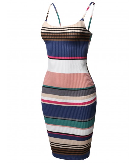 Women's Stripes Patterned Ribbed Body-Con Midi Dress - Made in USA