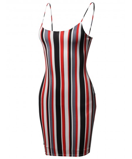 Women's Vertical Stripes Spaghetti Strap Body-Con Mini Dress - Made in USA