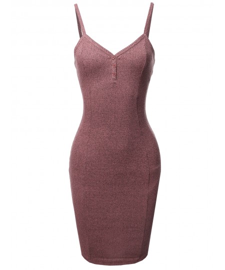 Women's Solid Henley V-Neck Ribbed Body-Con Dress