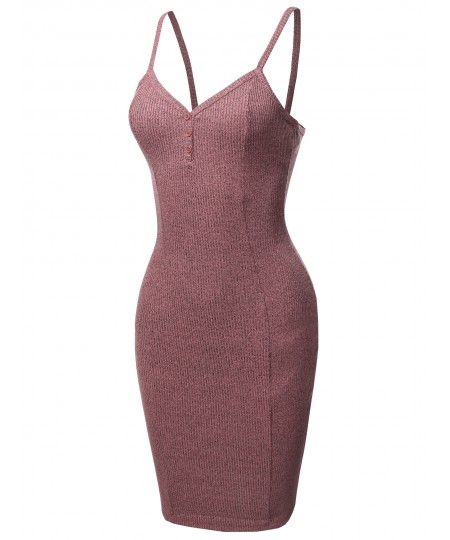 Women's Solid Henley V-Neck Ribbed Body-Con Dress