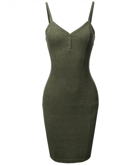 Women's Solid Henley V-Neck Ribbed Body-Con Dress