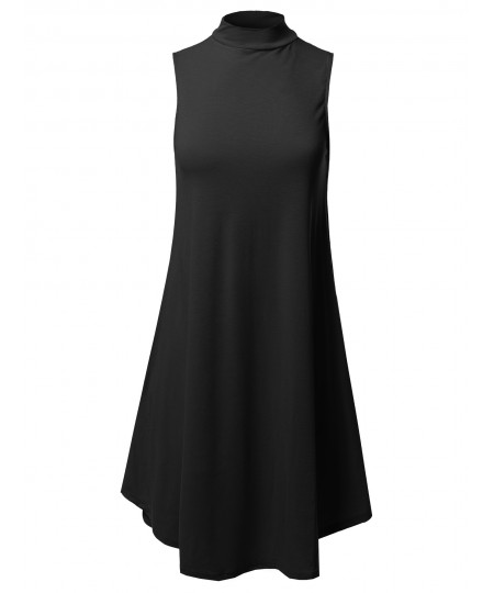 Women's Solid Mock Neck Sleeveless Tunic Dress