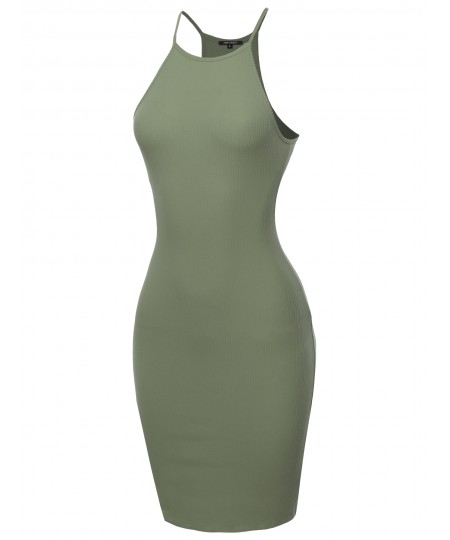 Women's Solid High Neck Ribbed Body-Con Mini Dress