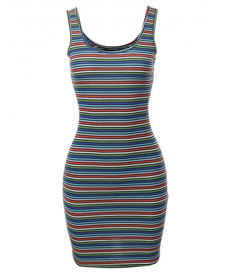 Women's Stripe Print Scoop Neck Sleeveless Ribbed Body-Con Mini Dress