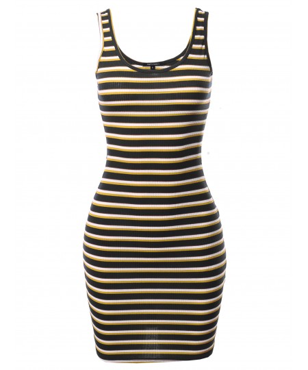 Women's Stripe Print Scoop Neck Sleeveless Ribbed Body-Con Mini Dress