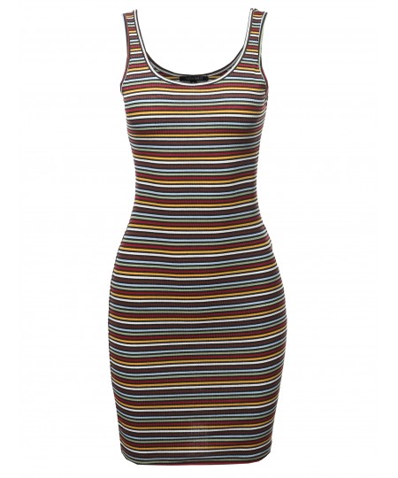 Women's Stripe Print Scoop Neck Sleeveless Ribbed Body-Con Mini Dress