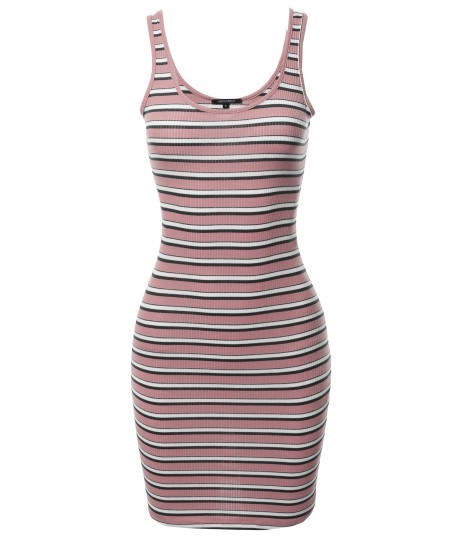 Women's Stripe Print Scoop Neck Sleeveless Ribbed Body-Con Mini Dress