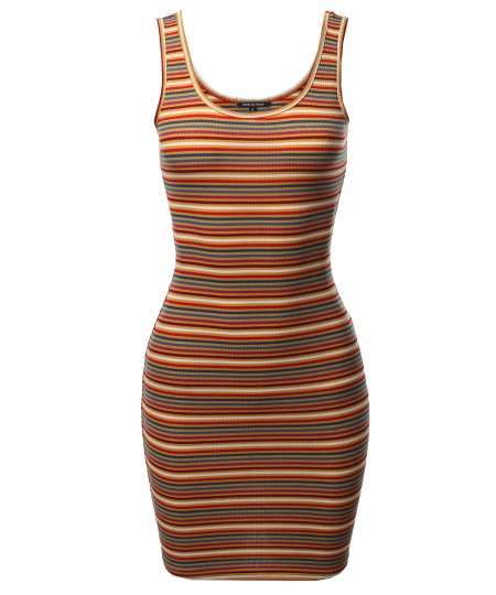 Women's Stripe Print Scoop Neck Sleeveless Ribbed Body-Con Mini Dress