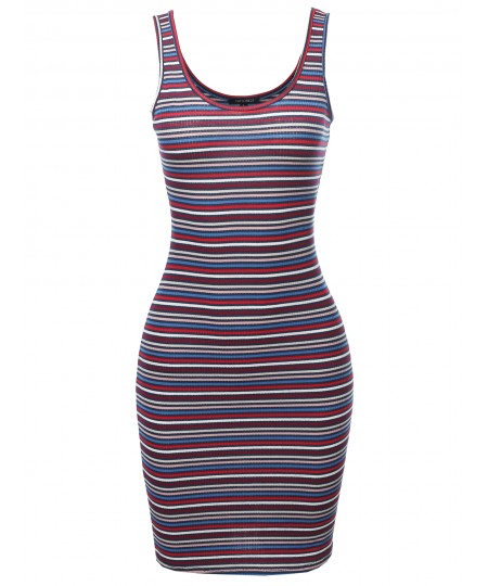 Women's Stripe Print Scoop Neck Sleeveless Ribbed Body-Con Mini Dress