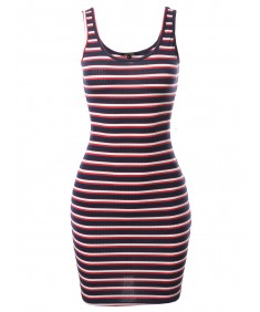 Women's Stripe Print Scoop Neck Sleeveless Ribbed Body-Con Mini Dress