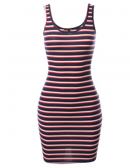 Women's Stripe Print Scoop Neck Sleeveless Ribbed Body-Con Mini Dress