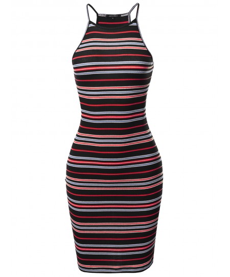 Women's Stripe Print High Neck Ribbed Body-Con Mini Dress