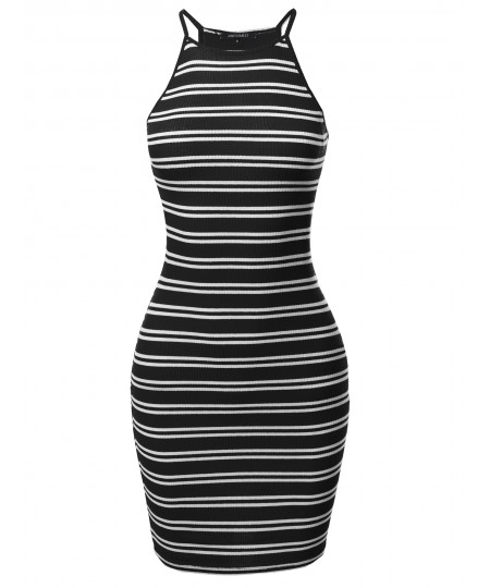 Women's Stripe Print High Neck Ribbed Body-Con Mini Dress