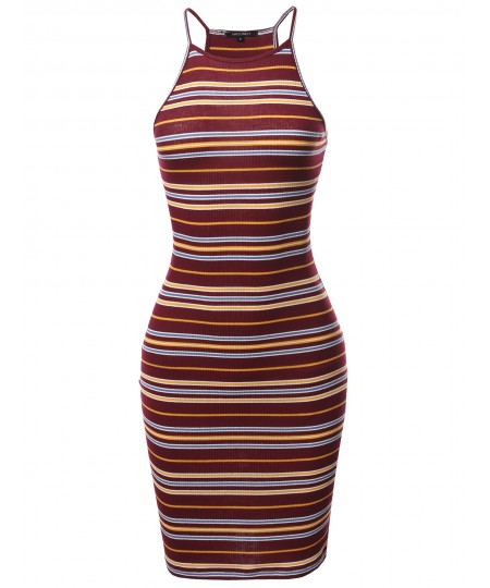 Women's Stripe Print High Neck Ribbed Body-Con Mini Dress