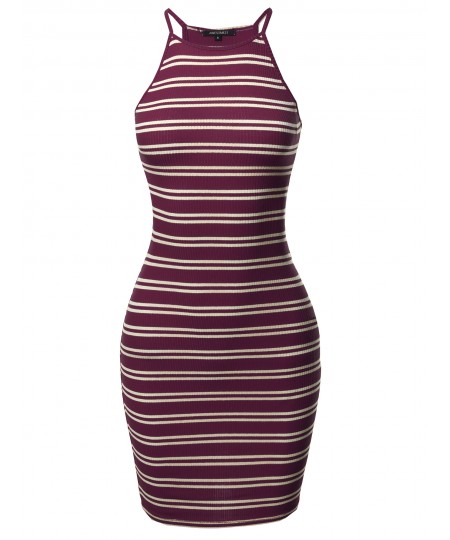 Women's Stripe Print High Neck Ribbed Body-Con Mini Dress