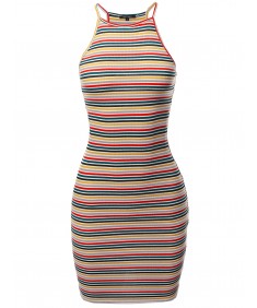 Women's Stripe Print High Neck Ribbed Body-Con Mini Dress