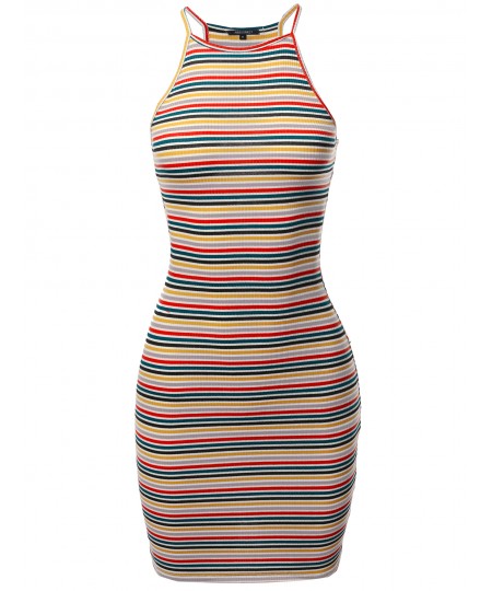 Women's Stripe Print High Neck Ribbed Body-Con Mini Dress