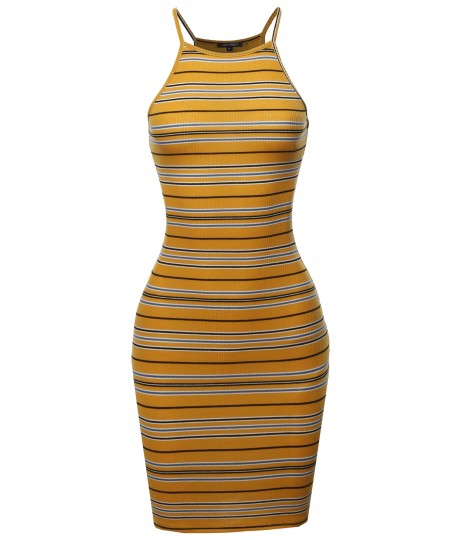 Women's Stripe Print High Neck Ribbed Body-Con Mini Dress
