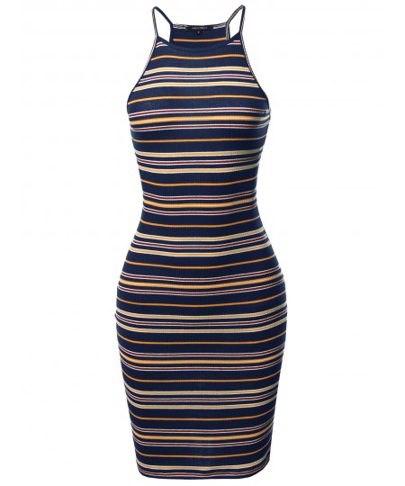 Women's Stripe Print High Neck Ribbed Body-Con Mini Dress