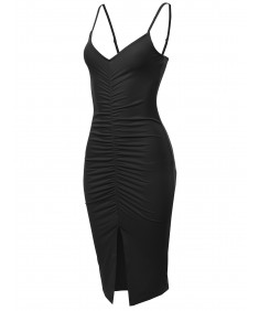 Women's Solid Sexy Sleeveless Runched Midi Dress