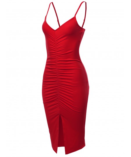 Women's Solid Sexy Sleeveless Runched Midi Dress