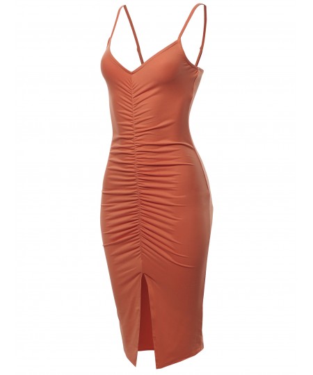 Women's Solid Sexy Sleeveless Runched Midi Dress