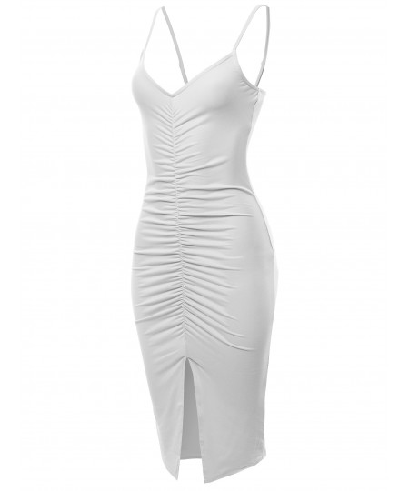 Women's Solid Sexy Sleeveless Runched Midi Dress