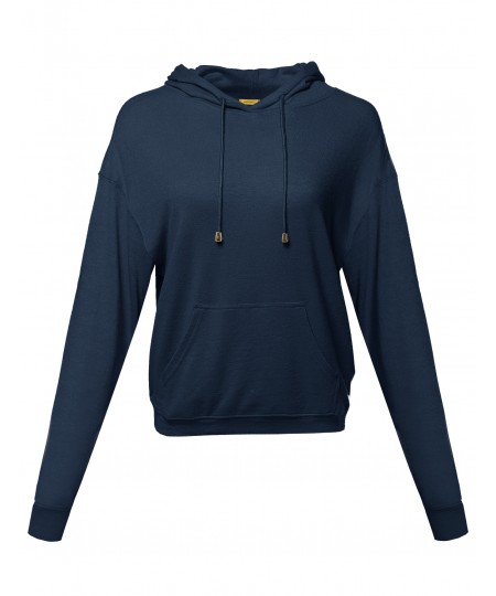 Women's Casual Solid Pullover Drop Shoulder Hoodie Sweatshirt