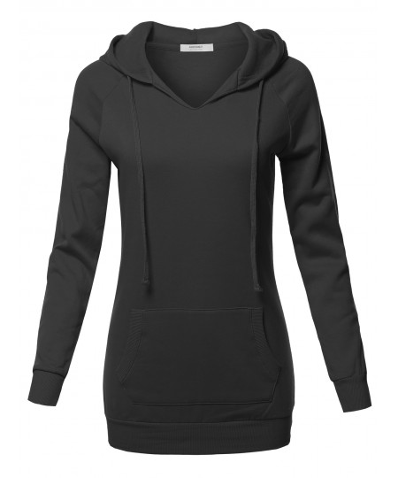 Women's Casual Raglan Long Sleeve Kangaroo Pocket Long-Line Hoodie