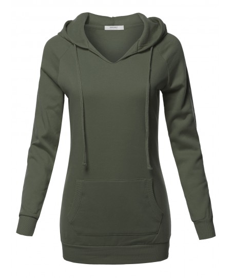 Women's Casual Raglan Long Sleeve Kangaroo Pocket Long-Line Hoodie