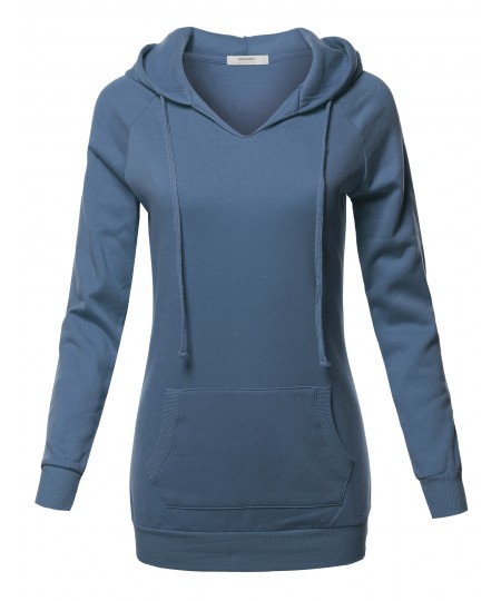 Women's Casual Raglan Long Sleeve Kangaroo Pocket Long-Line Hoodie