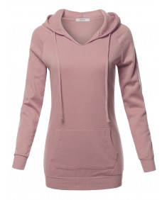 Women's Casual Raglan Long Sleeve Kangaroo Pocket Long-Line Hoodie