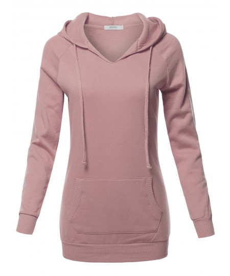 Women's Casual Raglan Long Sleeve Kangaroo Pocket Long-Line Hoodie