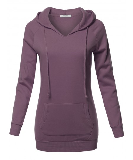 Women's Casual Raglan Long Sleeve Kangaroo Pocket Long-Line Hoodie