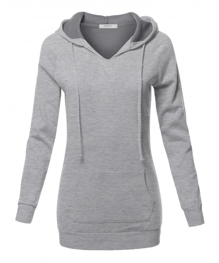 Women's Casual Raglan Long Sleeve Kangaroo Pocket Long-Line Hoodie