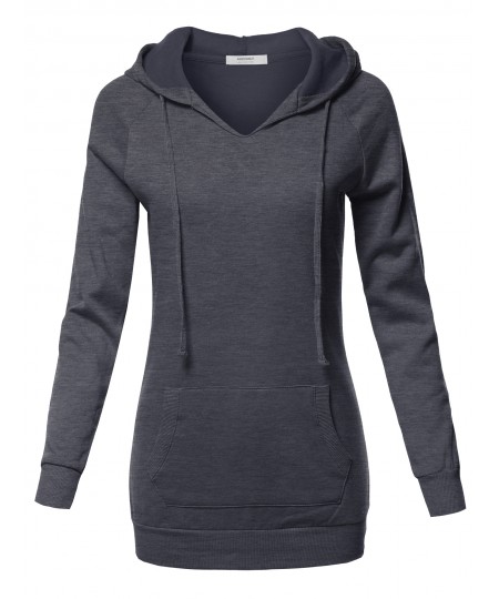 Women's Casual Raglan Long Sleeve Kangaroo Pocket Long-Line Hoodie