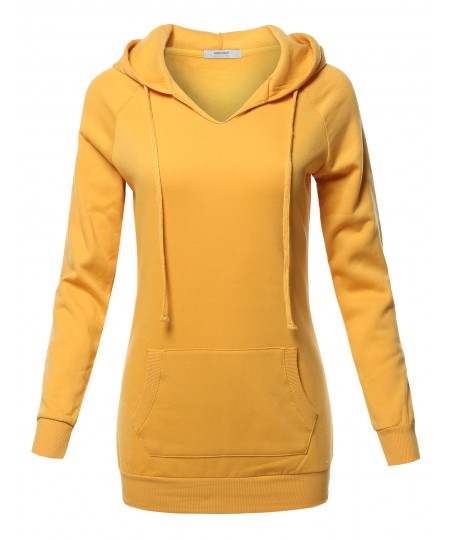 Women's Casual Raglan Long Sleeve Kangaroo Pocket Long-Line Hoodie