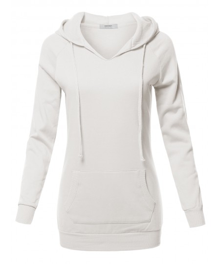 Women's Casual Raglan Long Sleeve Kangaroo Pocket Long-Line Hoodie