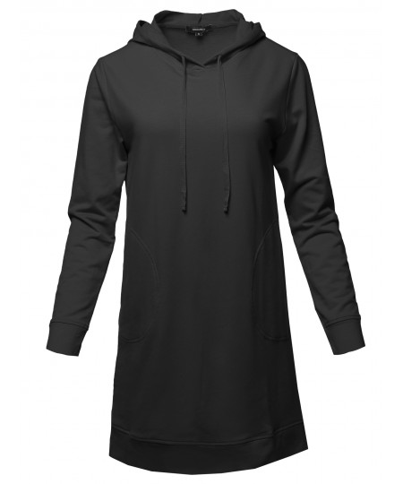 Women's Solid Over-Sized Drawstring Hooded Long-Line Tunic Top