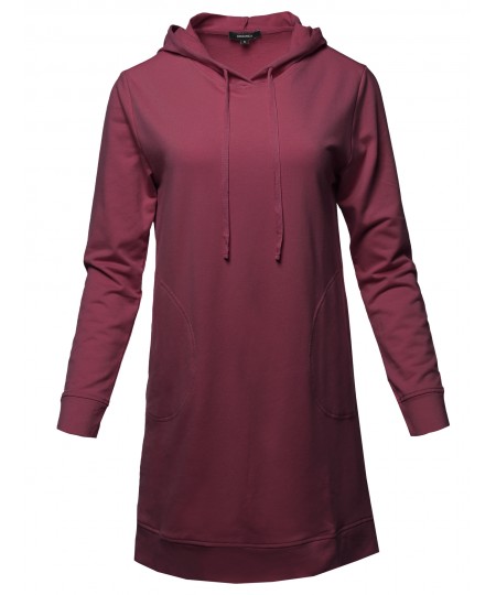 Women's Solid Over-Sized Drawstring Hooded Long-Line Tunic Top