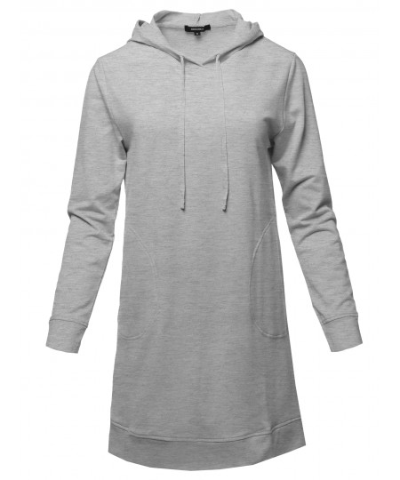 Women's Solid Over-Sized Drawstring Hooded Long-Line Tunic Top