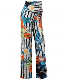 Women's MADE IN USA Soft Stretch Breathable Floral Stripe Palazzo Pants