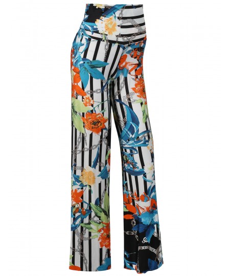 Women's MADE IN USA Soft Stretch Breathable Floral Stripe Palazzo Pants