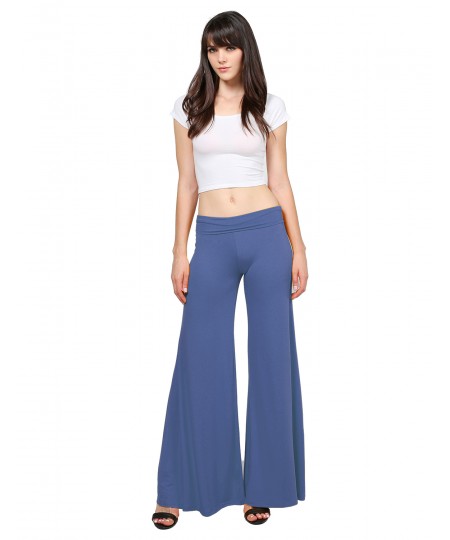 Women's Stretch Fold-Over High Waist Comfy Chic Solid Palazzo Pants