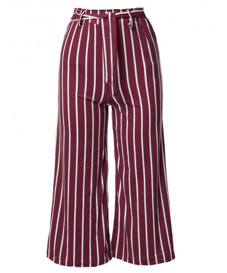 Women's Casual Tie Waist Culottes Capri Length Pants